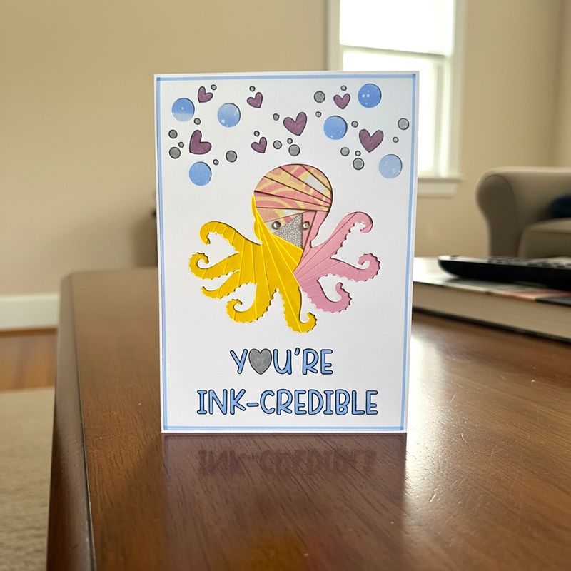 Octopus Iris folding pattern template downloadable  svg file for machine cutting and PDF for hand cutting.  Humorous Octopus card