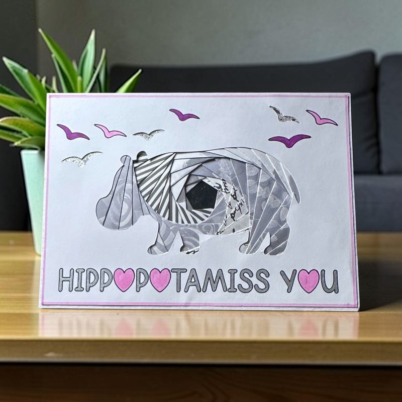 Hippo Iris folding pattern template downloadable svg file for machine cutting and PDF for hand cutting.  Humorous Hippo card