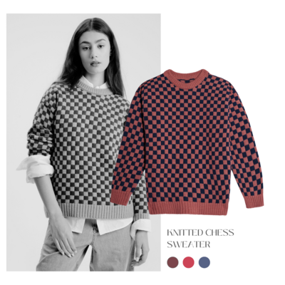 Mustique - Knitted Chess Sweater in Blue & Raspberry