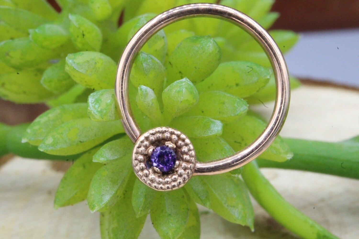 Rose Gold Fixed Millgrain Shape Seam, Style: Round, Stone: Amethyst