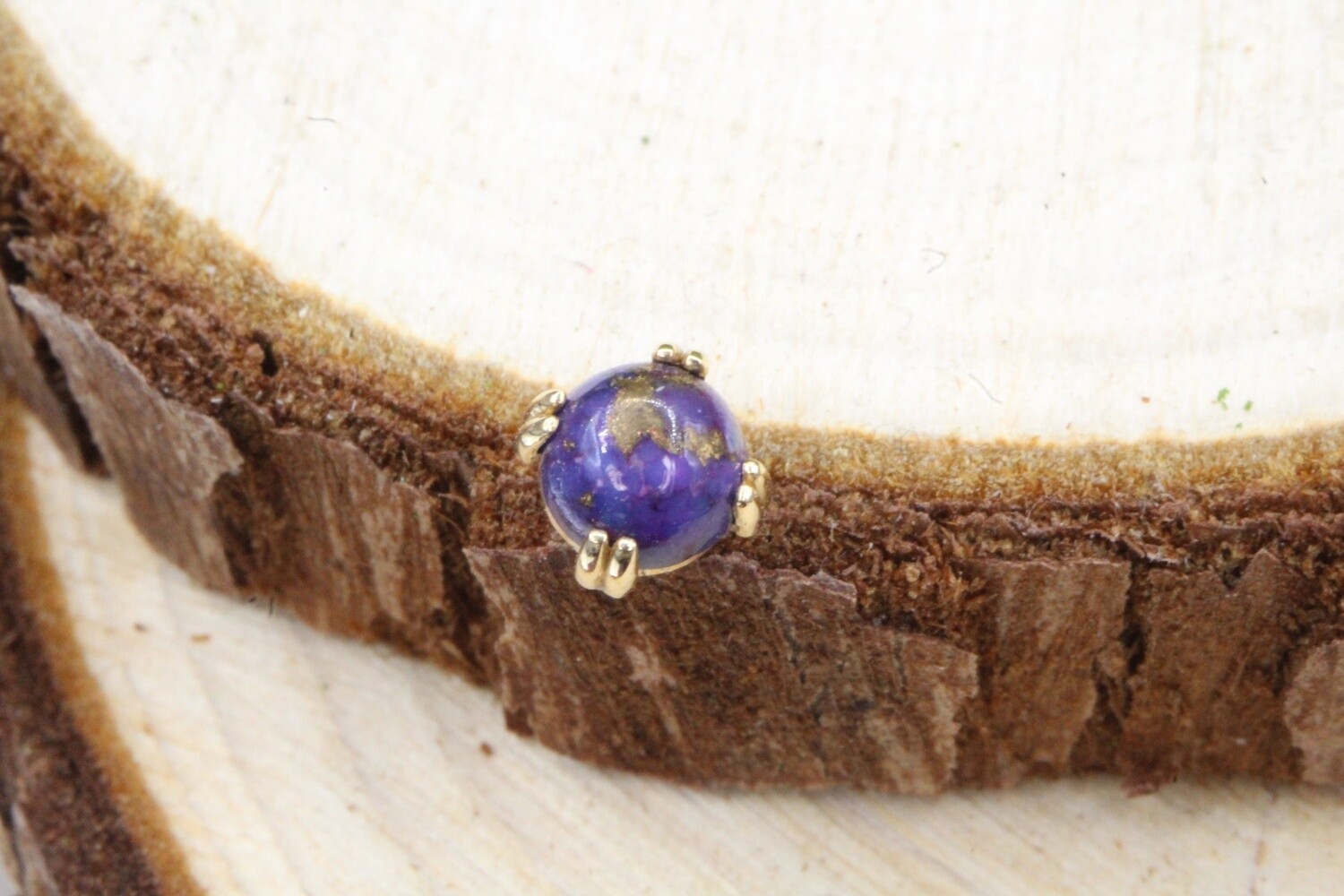 Threadless Yellow Gold Round Cab Prong Top, Size: 4mm, Stone: Copper Purple Turquoise