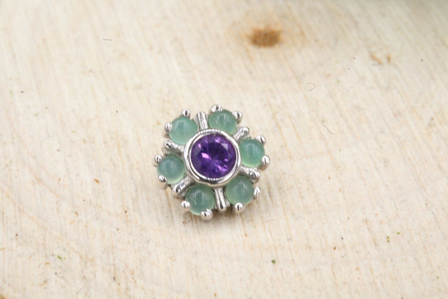 Threaded White Gold Toltec Top, Stone: Chrysoprase &amp; Amethyst (AA)