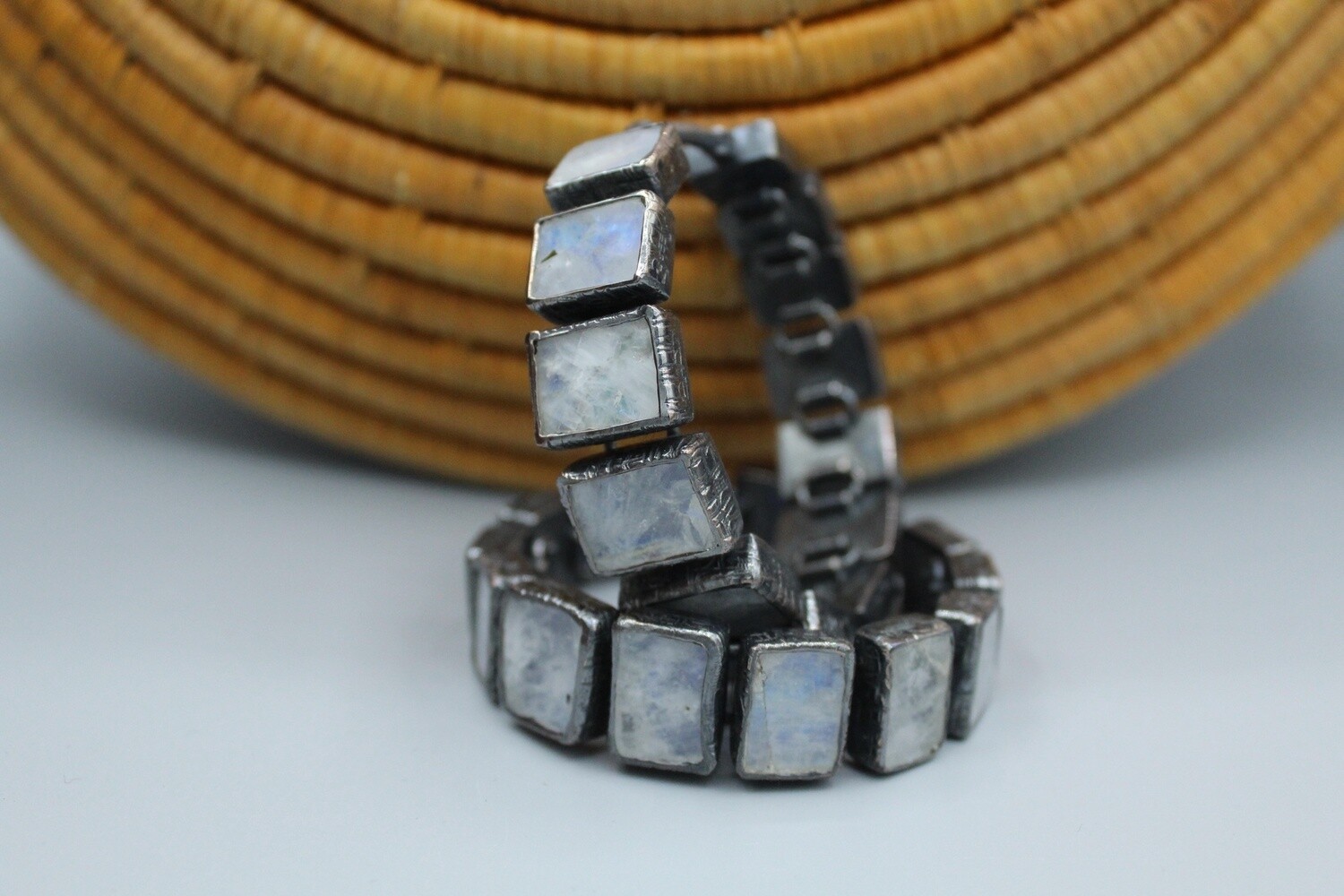Oxidized Sterling Silver &amp; Rainbow Moonstone Hoops, Gauge: 12g, Finish: Oxidized Sterling Silver, Stone: Rainbow Moonstone