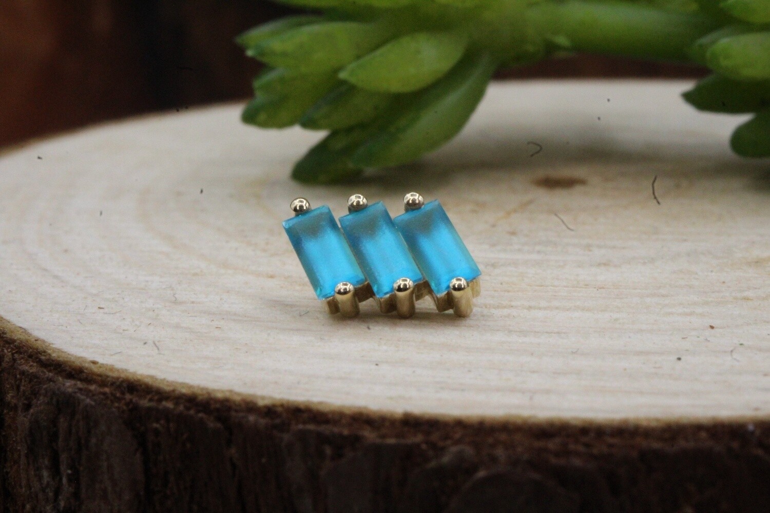 Threaded Yellow Gold Liara 3 Top, Gauge: 14/12ga, Size: 7x6mm, Stone: Sandblasted- Paraiba Topaz