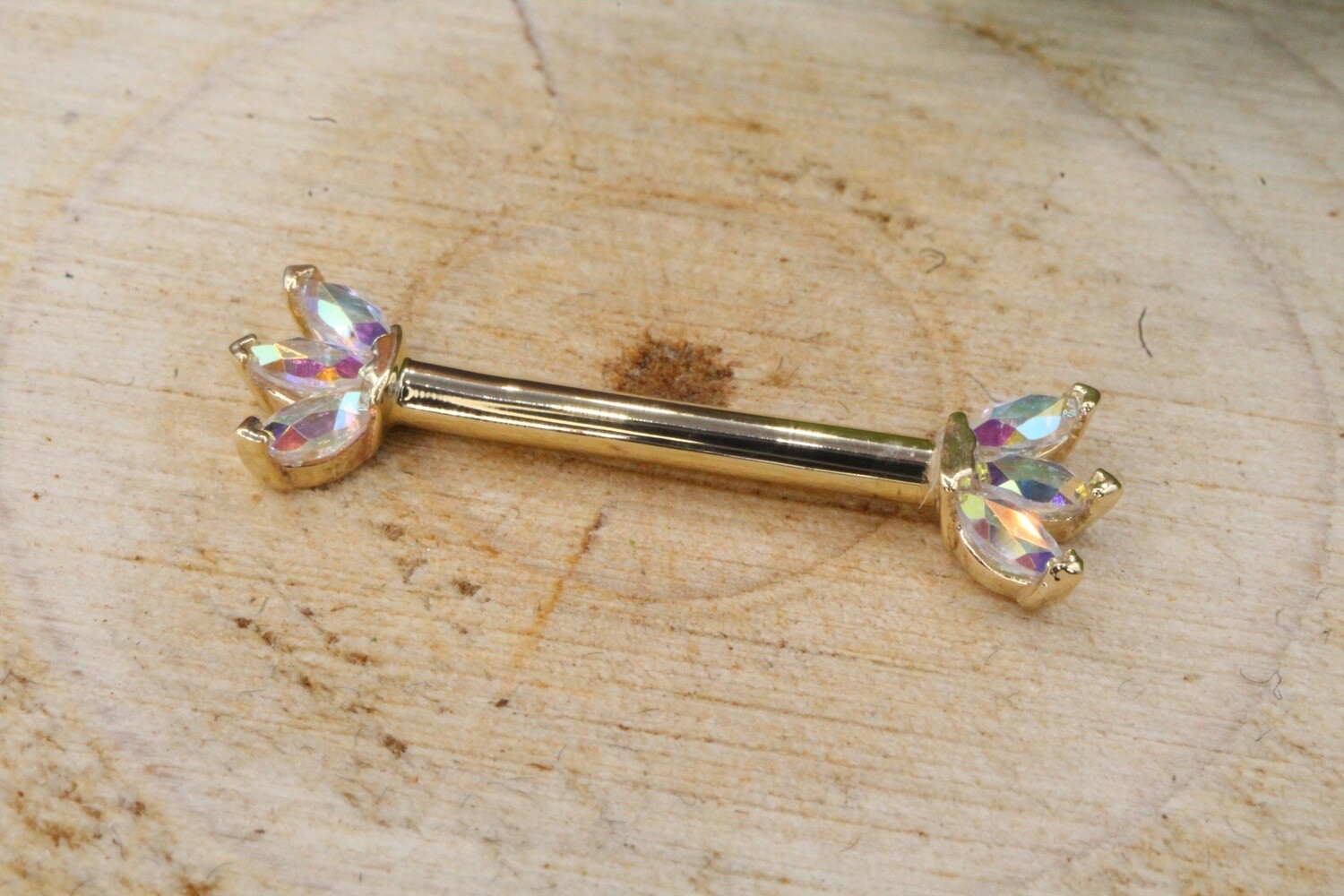 Yellow Gold Marquise Fan Nipple Barbell, Stone: Mercury Mist Topaz