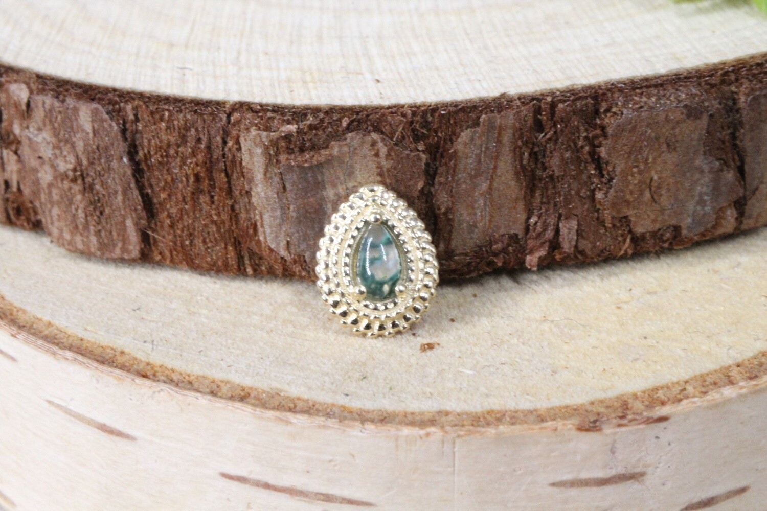 Threaded Yellow Gold Mini Afghan Pear, Gauge: 18/16ga, Stone: Moss Agate Cabochon