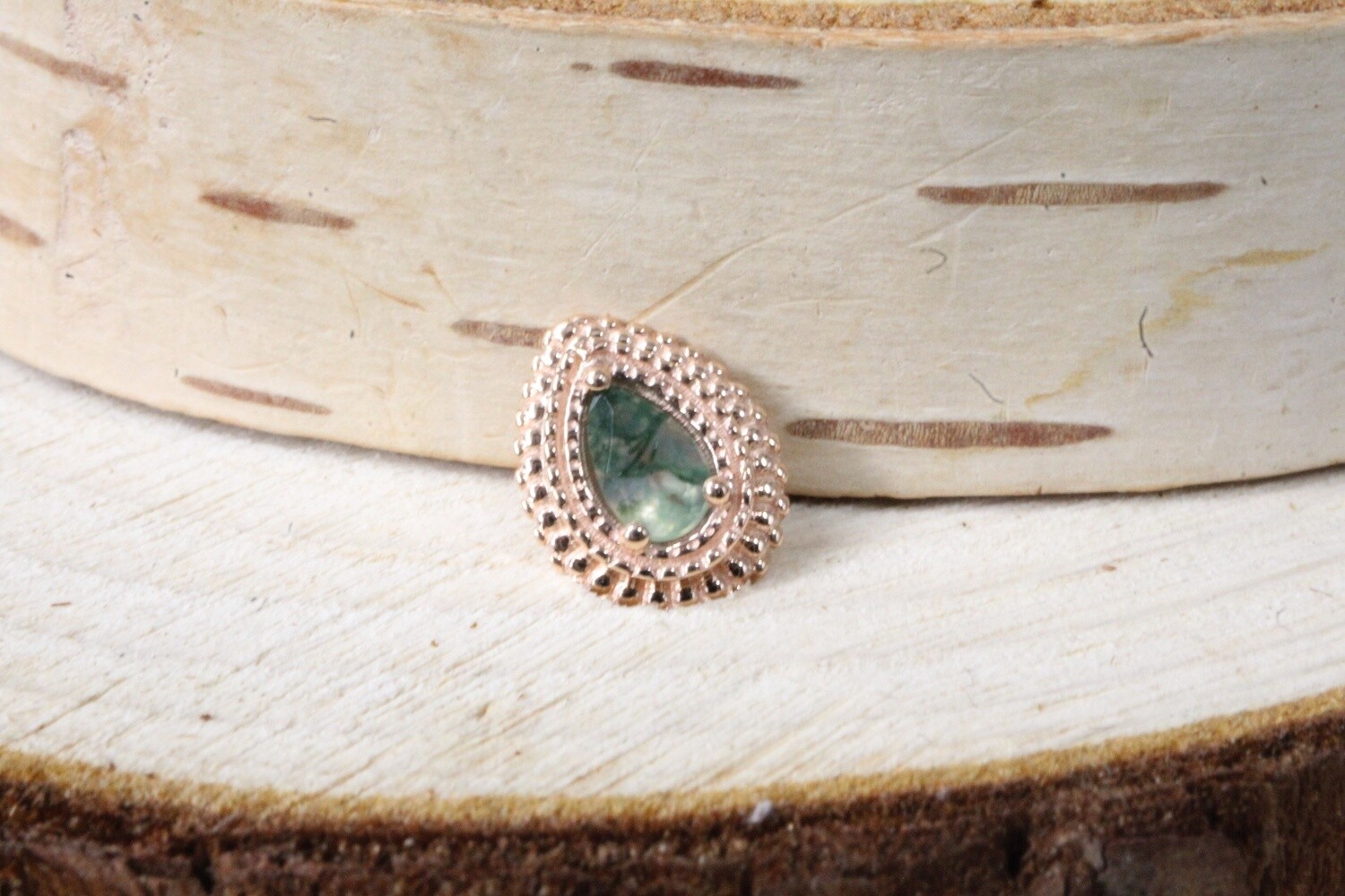 Threaded Rose Gold Mini  Afghan Pear, Gauge: 18/16ga, Stone: Faceted Moss Agate