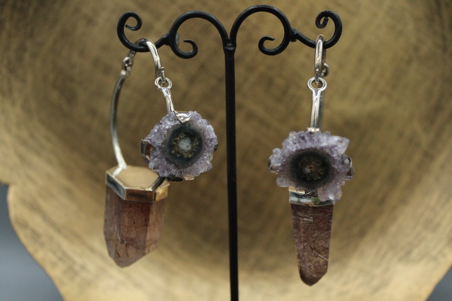 Sterling Silver Stalactite Hoops, Material: Sterling Silver, Stone: Amethyst Geode Slice &amp; Stalactite