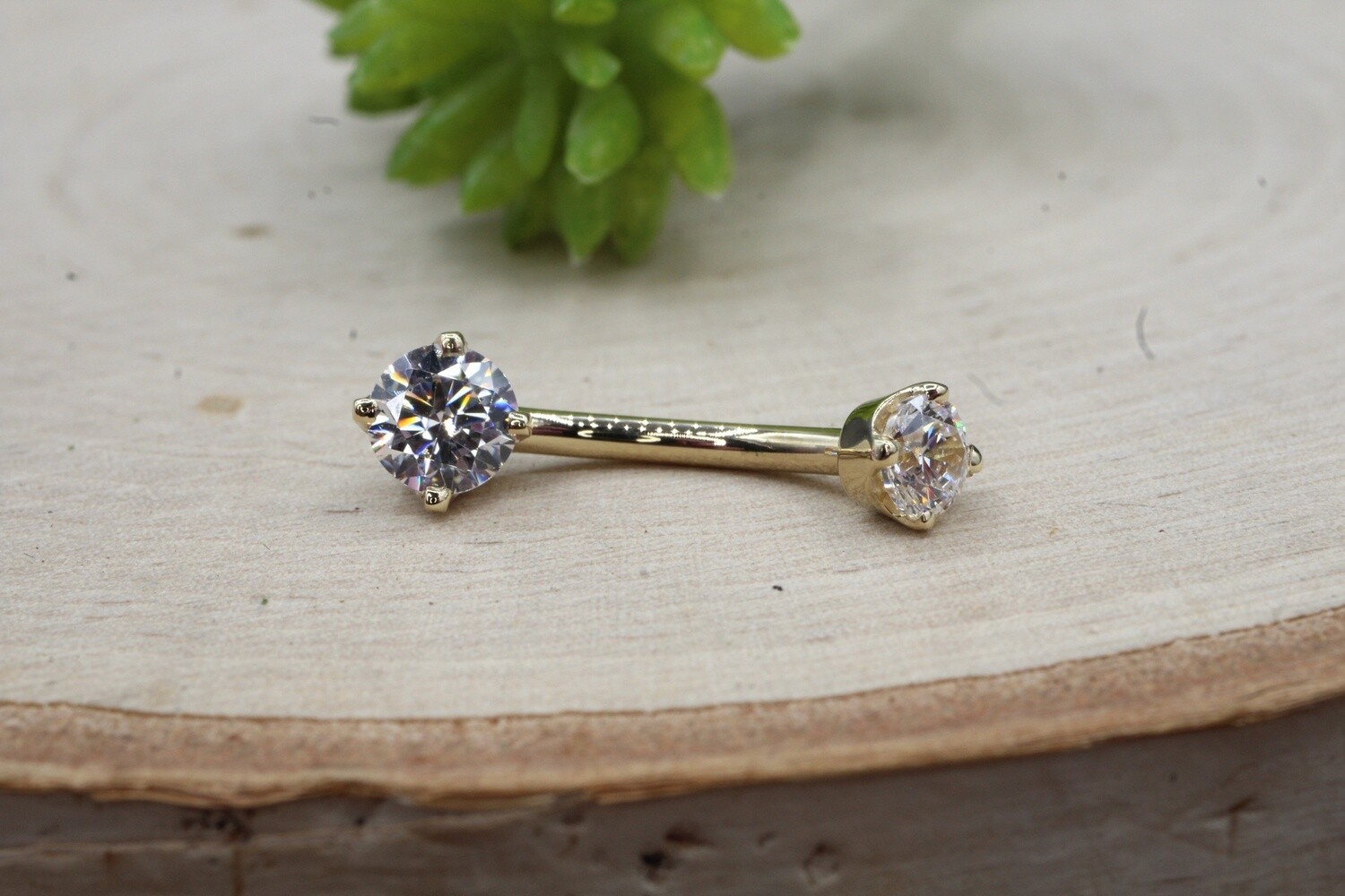 Yellow Gold Prong Set Navel Curve, Length: 3/8&#39;&#39;, Stone: White CZ