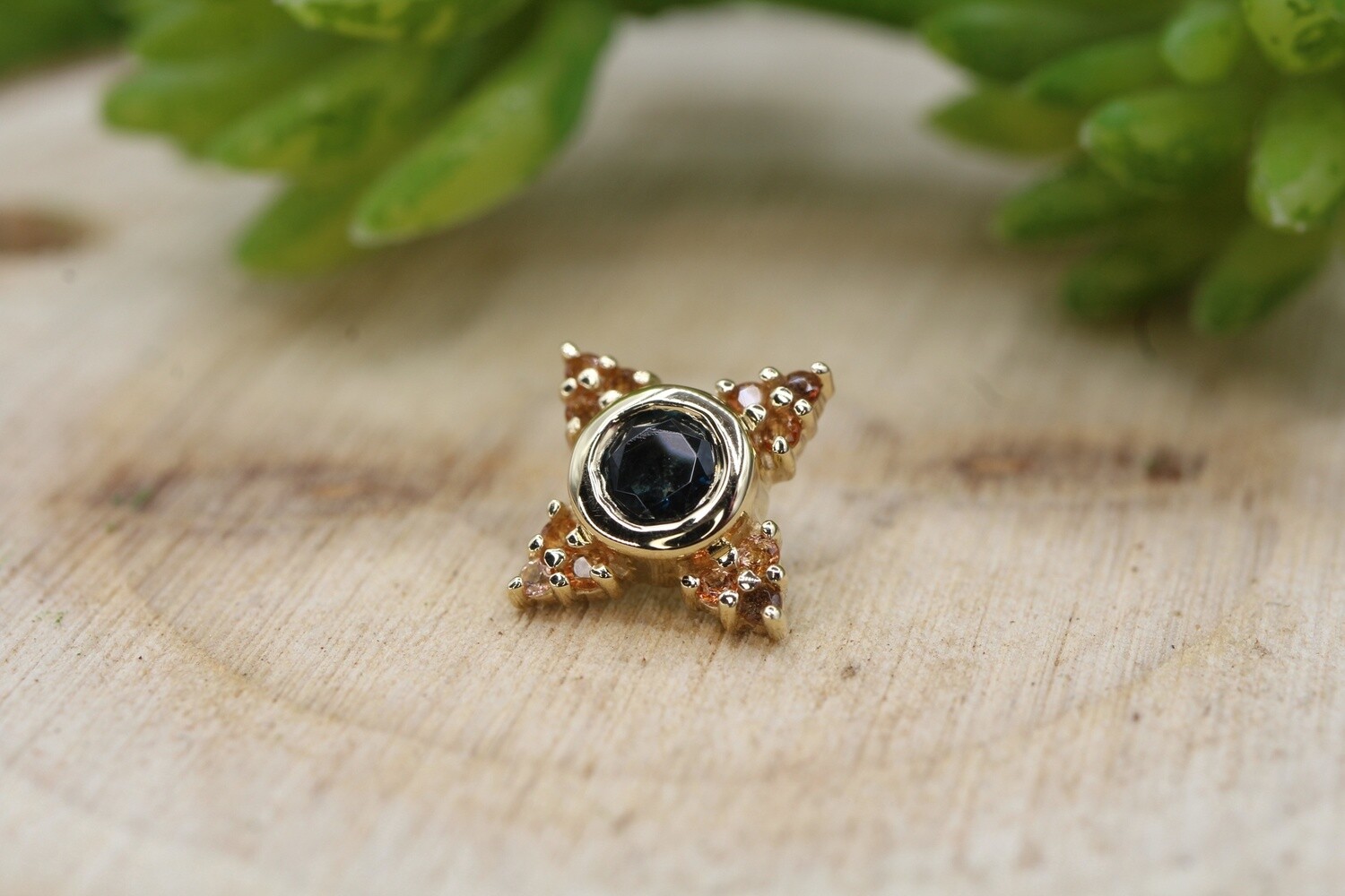 Threaded Yellow Gold Desimone, Stone: London Blue Topaz Center &amp; Peach Topaz Accents