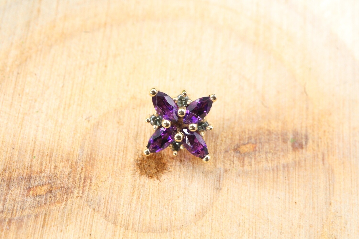 Threaded Yellow Gold Mini Pleades, Stone: Amethyst Marquise &amp; London Blue Topaz Accents