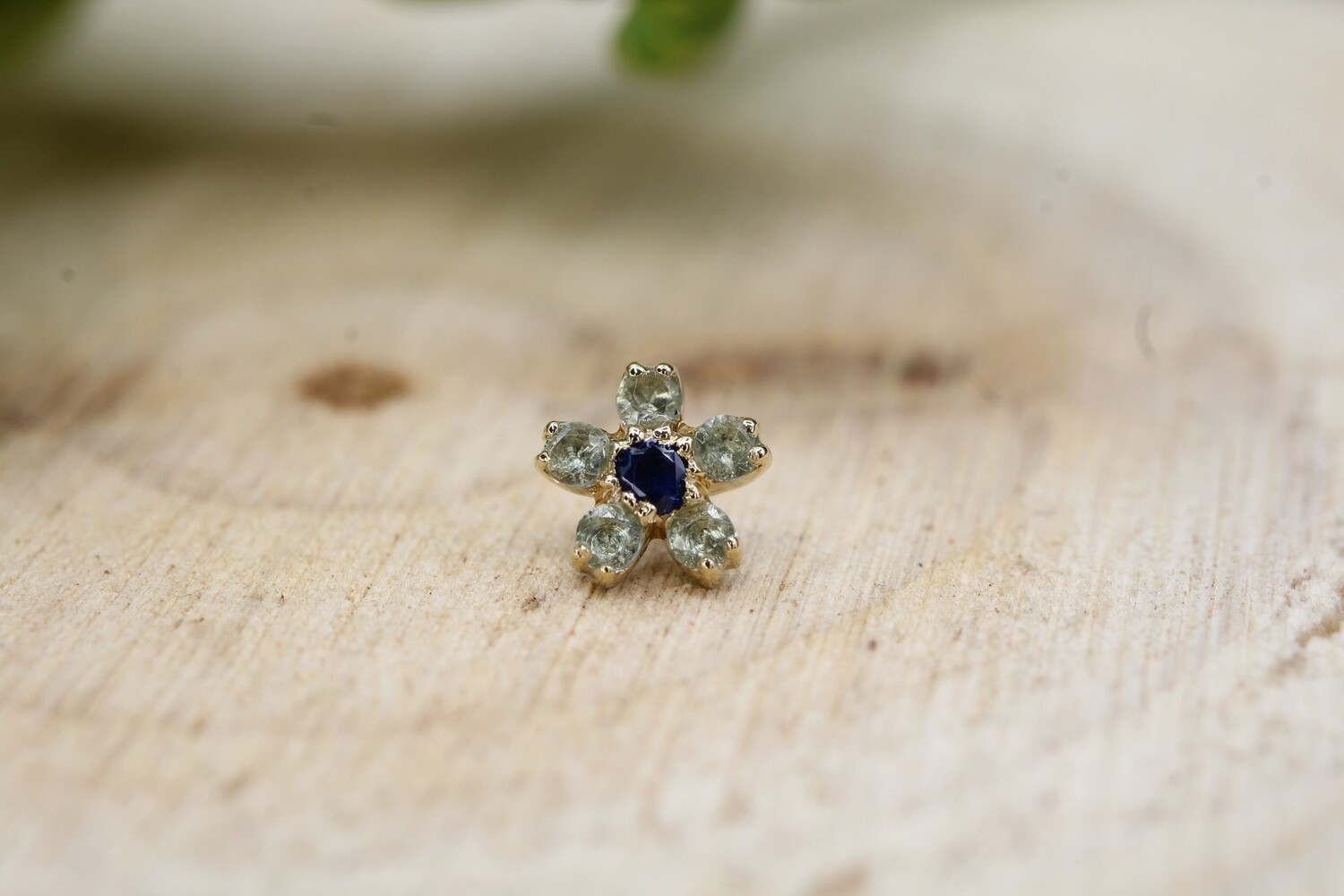 Threaded Yellow Gold Cherry Blossoms, Size: 4.5mm, Stone: Blue Sapphire Center &amp; Swiss Blue Topaz Petals
