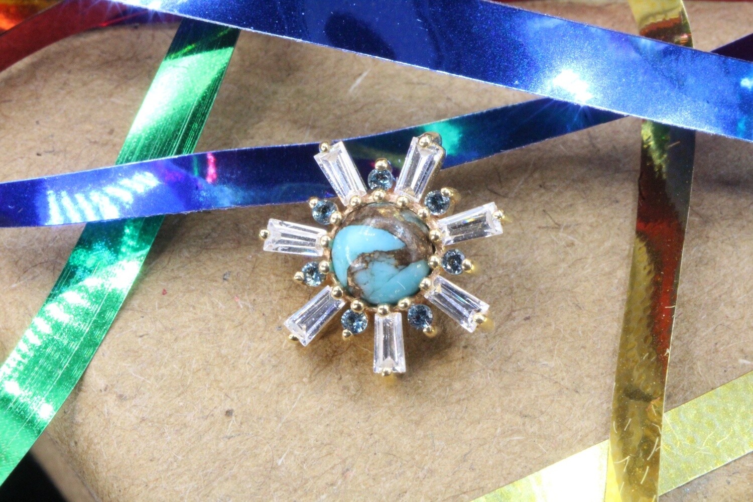 Threaded Yellow Gold Elaine, Gauge: 14ga/12ga, Size: 10mm, Stone: Turquoise Center w/ White CZ Baguettes, and London