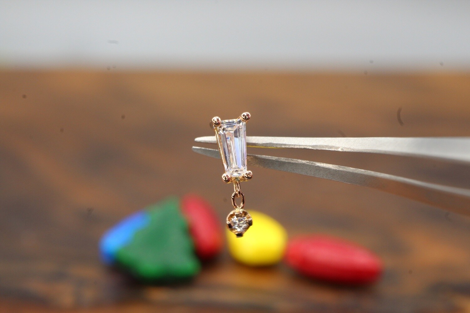 Threadless Rose Gold Tapered Baguette Dangle Prong, Stone: White CZ