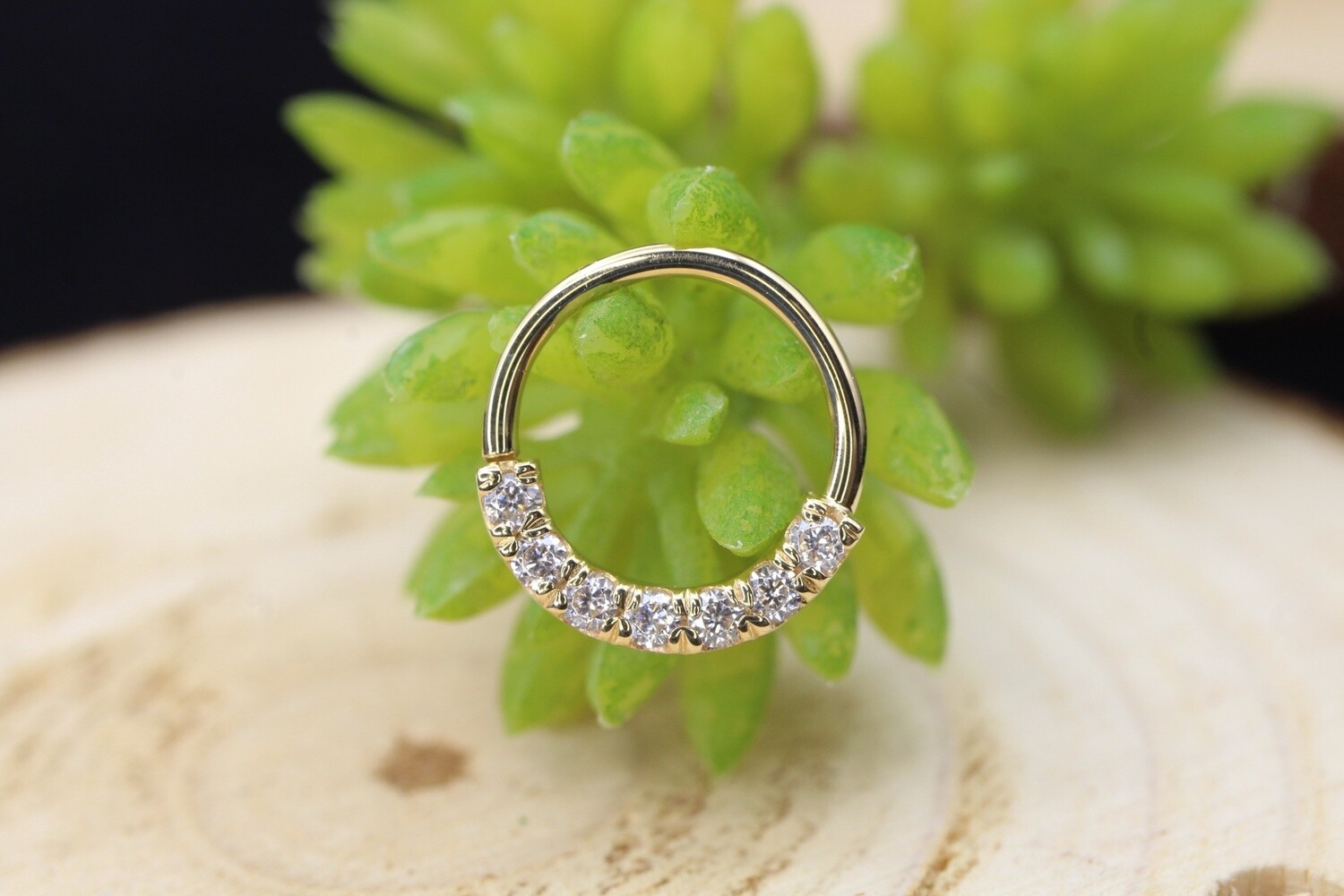 Yellow Gold 7 Gem Blaze Seam Ring, Size: 18ga 5/16&#39;&#39;, Orientation: Nipple (Forward Facing), Stone: White CZ
