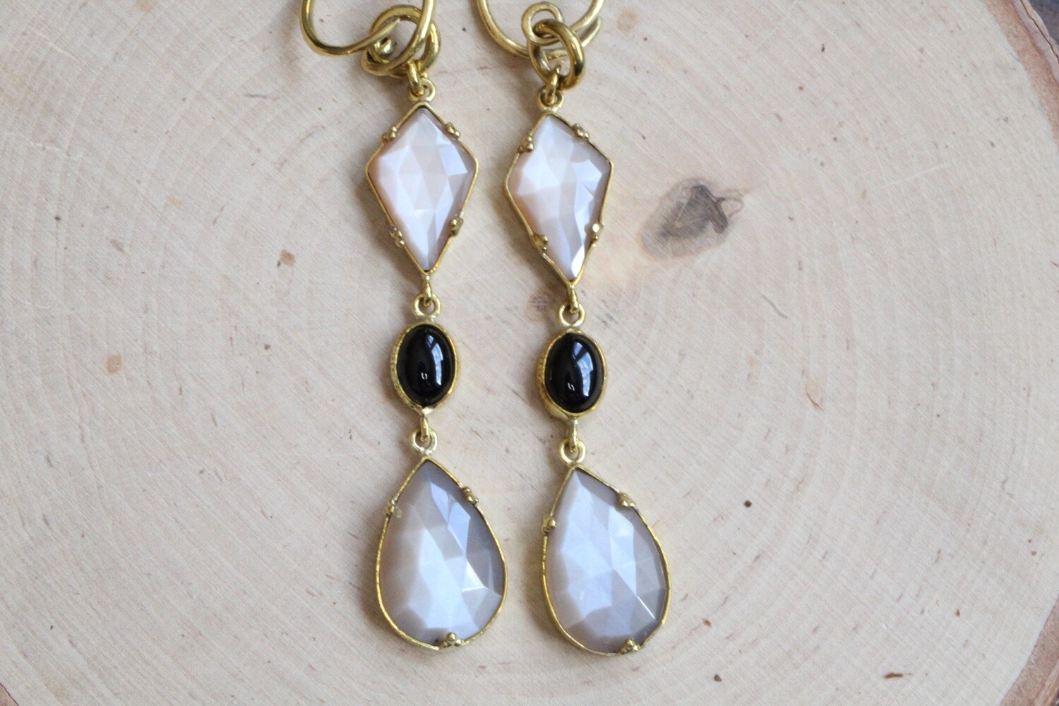 Yellow Brass Peach Moonstone and Black Obsidian Weights, Stone Cut: Kite/Oval Bezel/Teardrop