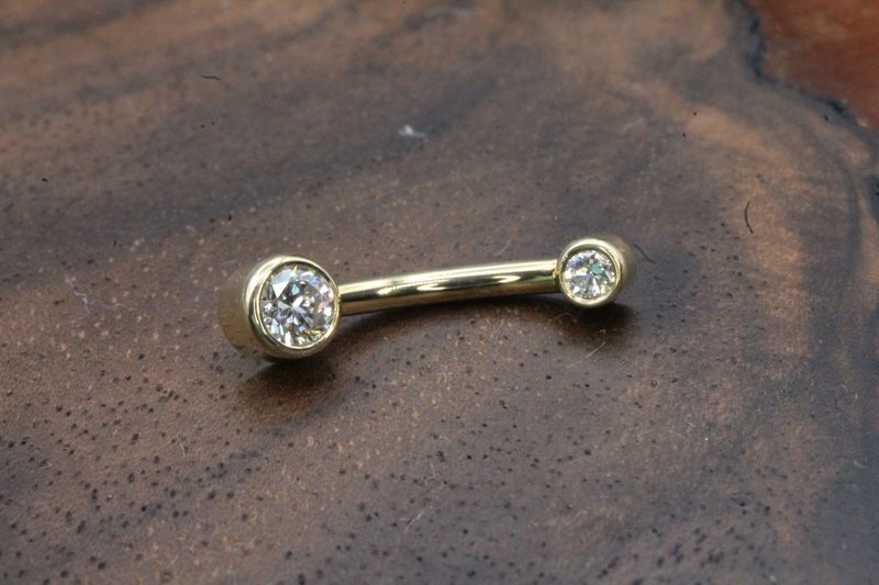 Threaded Yellow Gold Open Back Round Bezel Curved Barbell