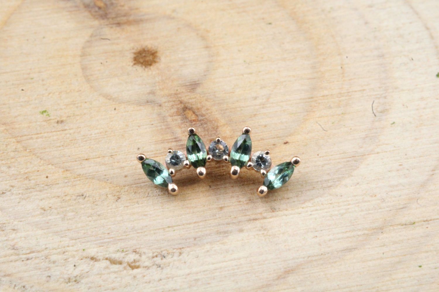 Threaded Rose Gold Tiny 7 Gem Sara End, Gauge: 14/12g, Stone: Seafoam Tourmaline &amp; Mint Beryl