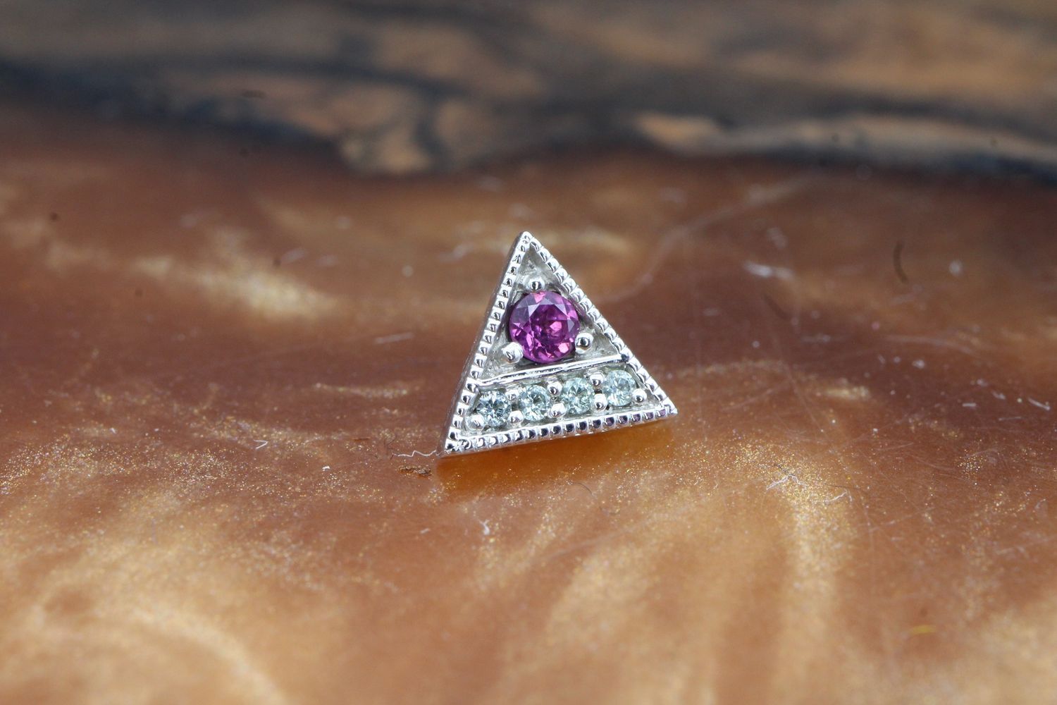 Threaded White Gold Endymion Triangle, Gauge: 16g, Stone: Rhodolite &amp; Grey Sapphire Accents