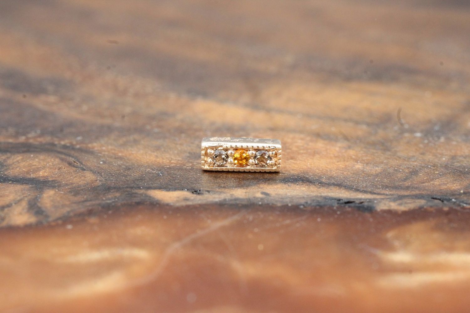 Threaded Rose Gold 3 Gem Millgrain Strip, Stone: Smokey Quartz (Outer) &amp; Citrine (Center)