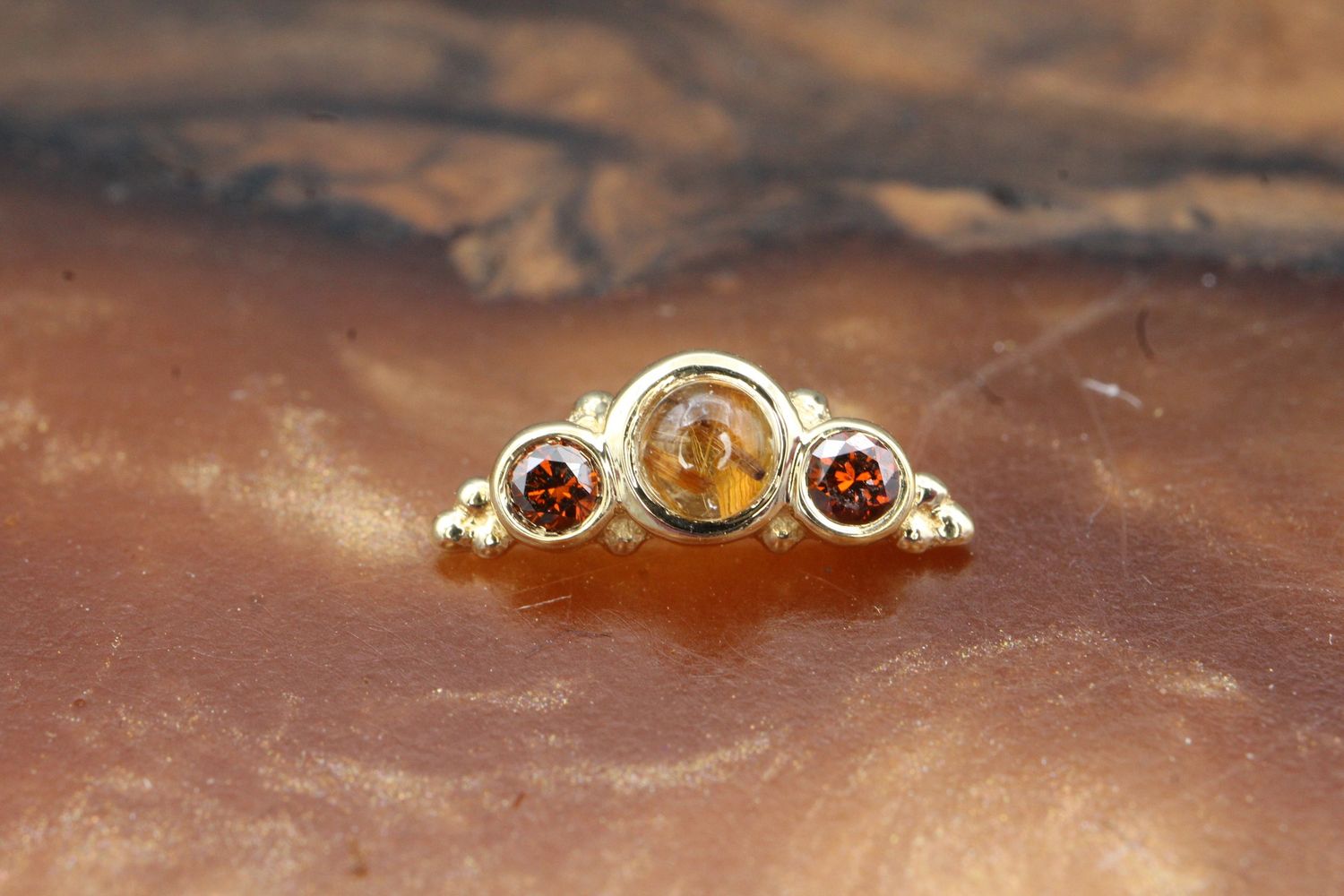 Threaded Yellow Gold 3 Gem Panaraya, Gauge: 18/16ga, Stone: Rutilated Quartz Center &amp; Cognac Diamond Outer