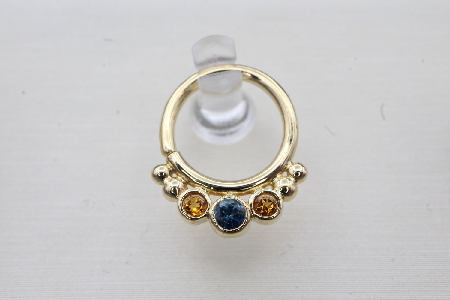 Yellow Gold Barra Seam Ring, Size: 16ga 5/16&#39;&#39;, Stone: London Blue Topaz (Center) &amp; Citrine (Outer)