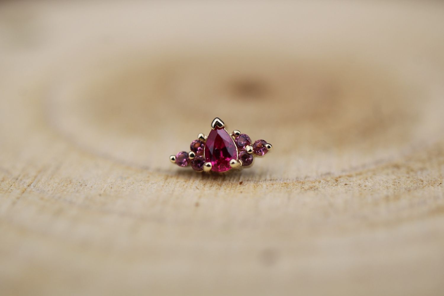 Threaded Yellow Gold Embrace Pear Top, Gauge: 18g/16g, Stone: Chatham Ruby with Pink Tourmaline accents