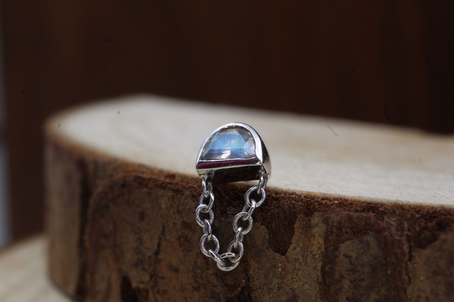 Threaded White Gold Half Moon Rianna, Gauge: 18/16ga, Stone: Rainbow Moonstone