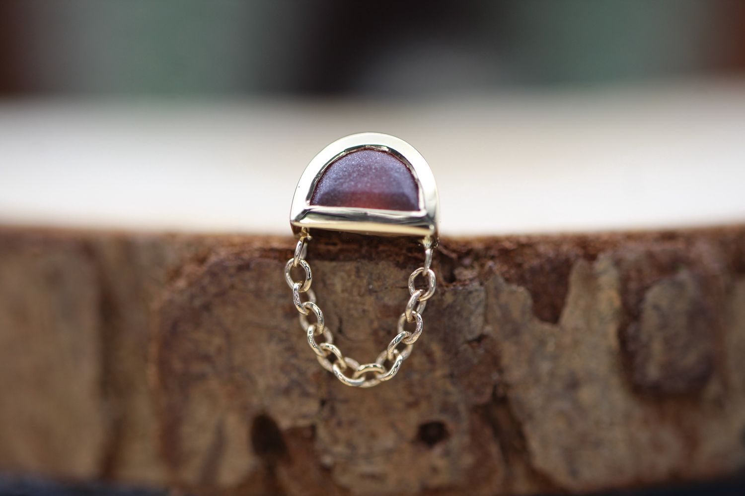 Threaded Yellow Gold Half Moon Rianna, Gauge: 18/16ga, Size: 4x2.5mm, Stone: Sandblasted Garnet