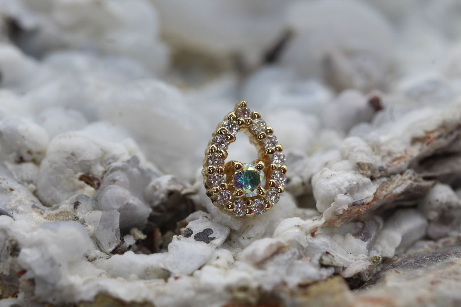 Threaded Yellow Gold Madelina Tear Top, Gauge: 16ga, Stone: Mercury Mist Center &amp; White CZ Outer