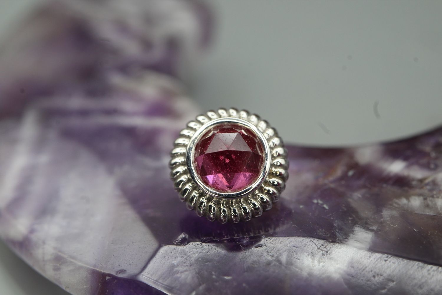Threaded White Gold Braided Raine, Gauge: 18/16ga 7mm, Stone: Rose Cut Padparadscha Sapphire