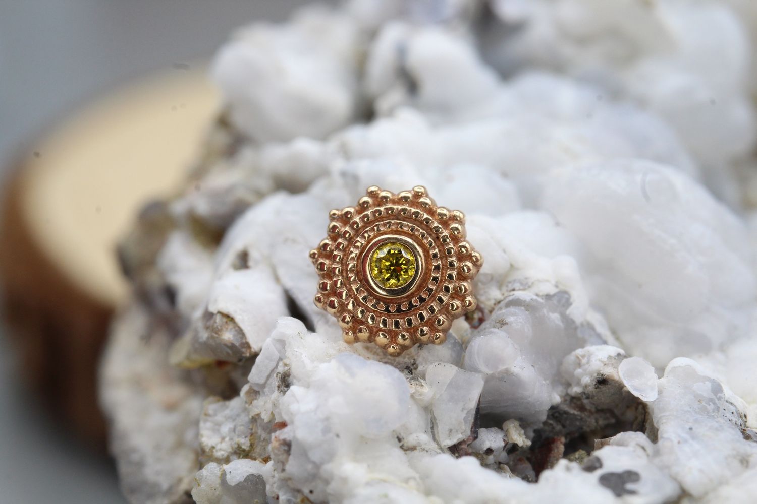 Threaded Rose Gold Round Afghan, Gauge: 18/16ga, Size: 6mm with 1.5mm gem, Stone: Golden Diamond