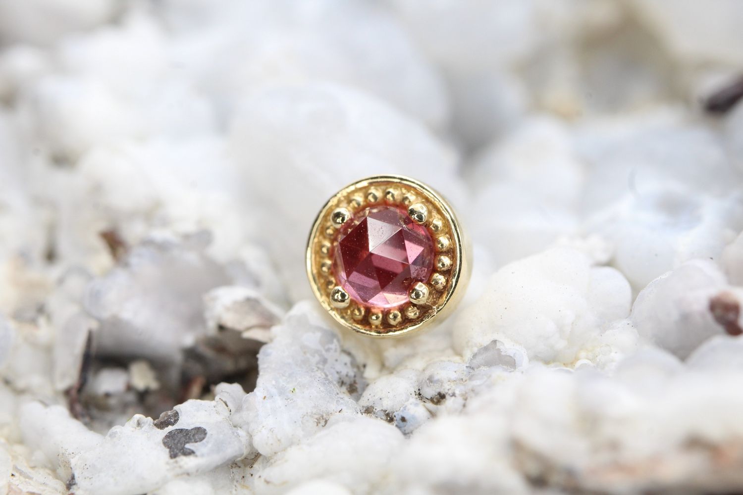 Threaded Yellow Gold Milgrain Prong Top, Gauge: 16ga, Stone: Rose Cut Padparadscha Sapphire