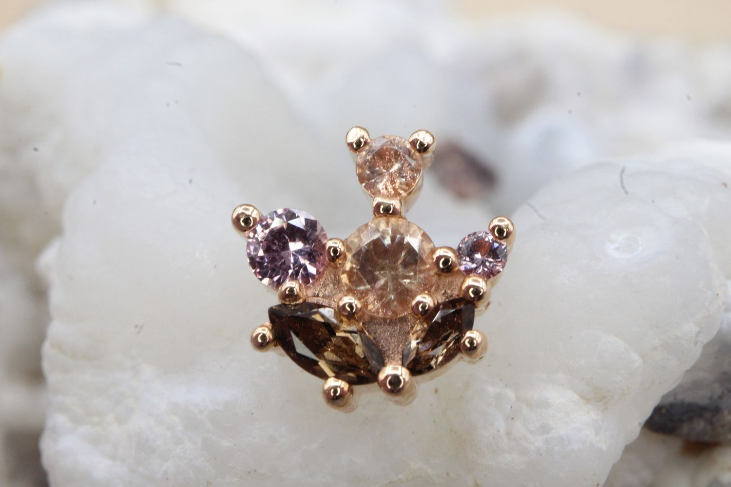 Threaded Rose Gold Outlander Top, Gauge: 14ga, Stone: Smoky Quartz, Oregon Sunstone, &amp; Lt Pink Sapphire