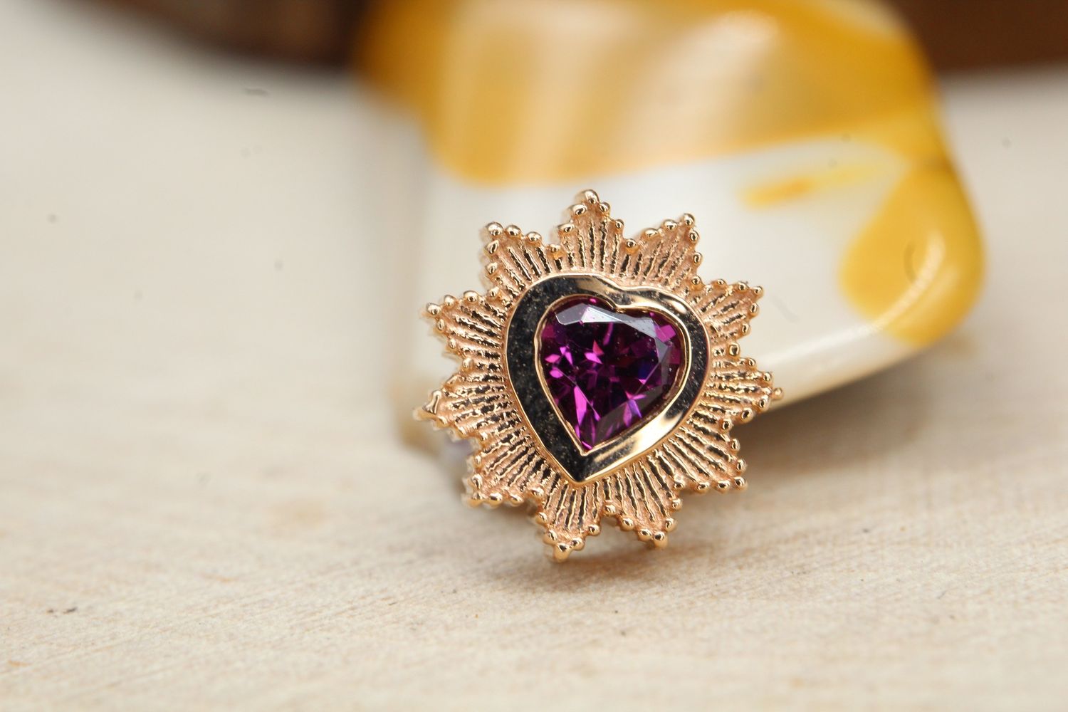 Threaded Rose Gold Milagro Heart Top, Gauge: 14ga, Stone: Rhodolite