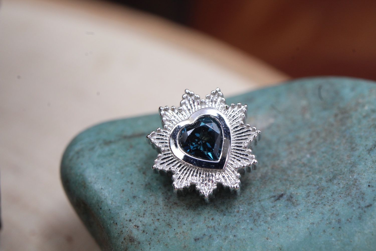 Threaded White Gold Milagro Heart, Gauge: 14ga, Stone: London Blue Topaz