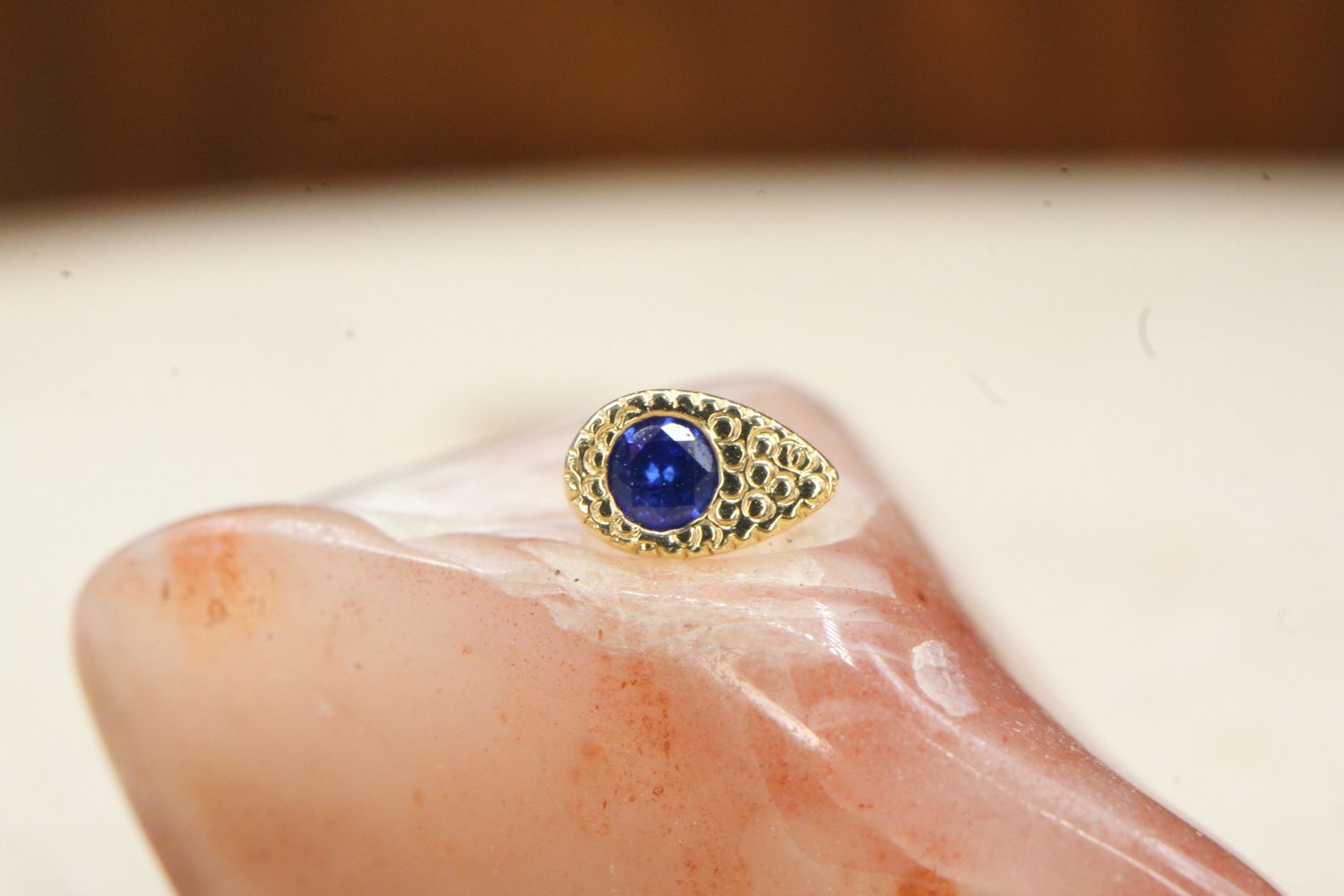 Threaded Yellow Gold Pave Teardrop Top, Gauge: 16ga, Stone: Blue Sapphire (AA)