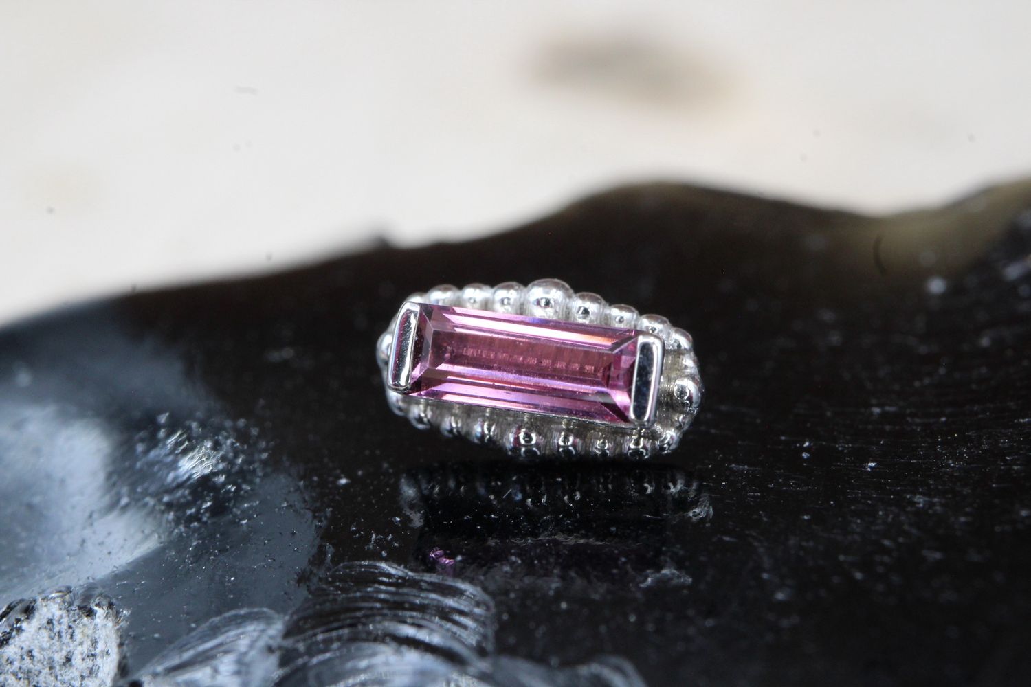 Threaded White Gold Beaded Baguette, Gauge: 16ga, Stone: Rhodolite