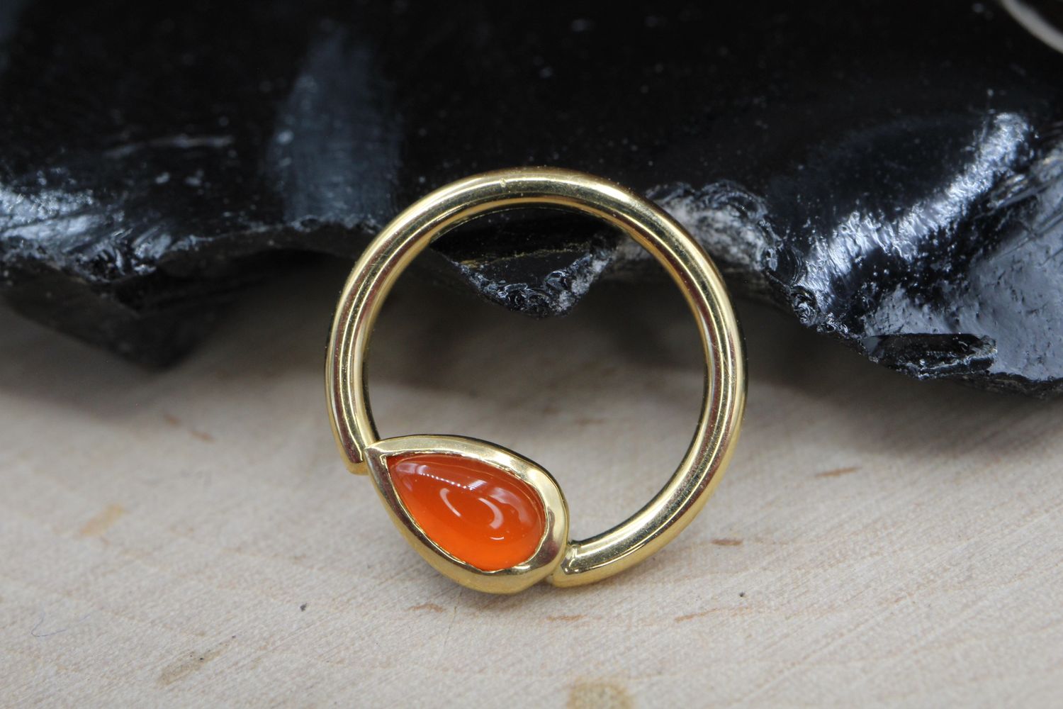 Yellow Gold Pear Bezel Seam Ring, Size: 16ga 3/8&#39;&#39;, Stone: Carnelian