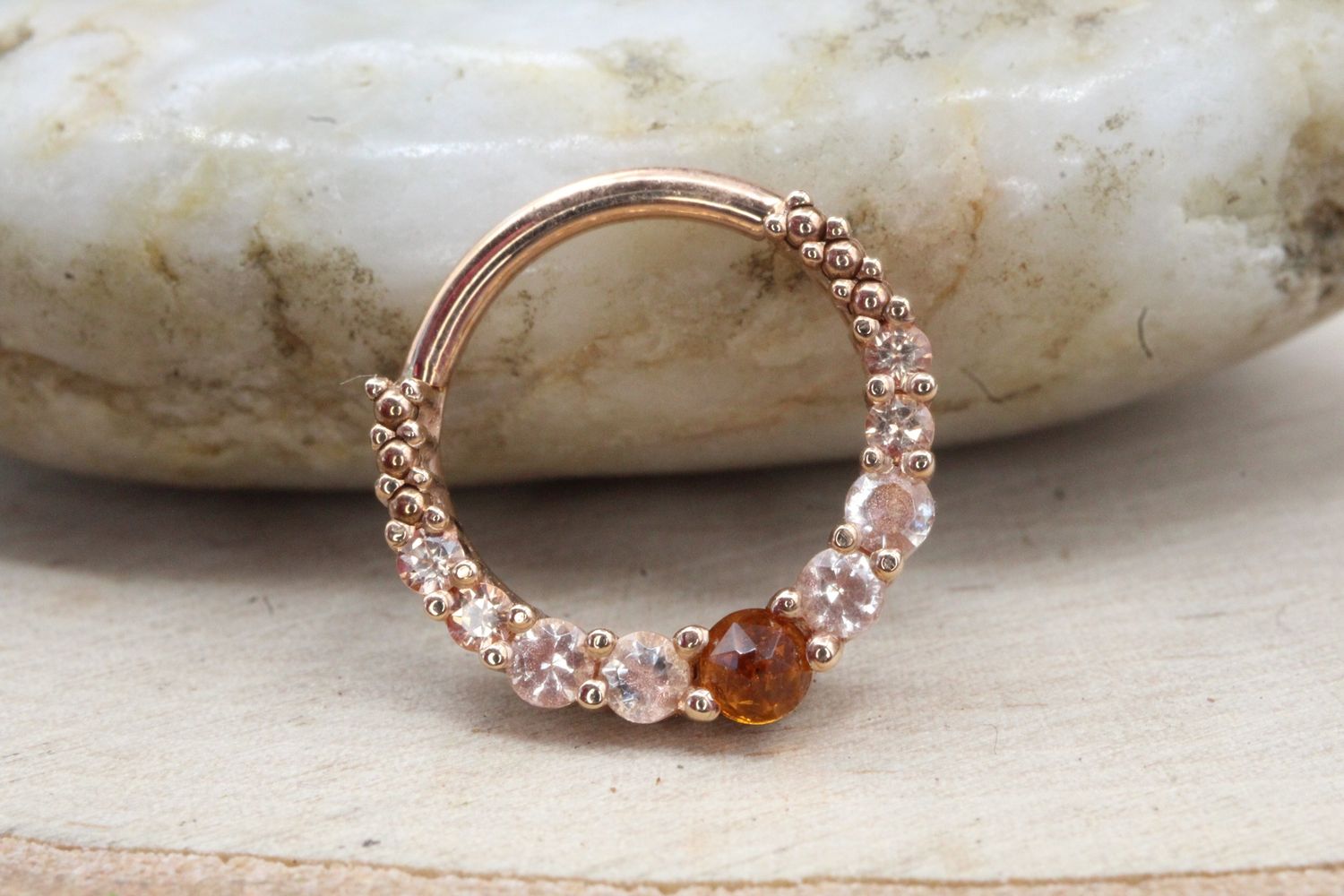 Rose Gold Graduating Gem Oaktier Hinge Ring, Size: 16ga 3/8&#39;&#39;, Stone: RC Mad Citrine, Oregon Sunstone, CHSAPPH, GOLDBEAD