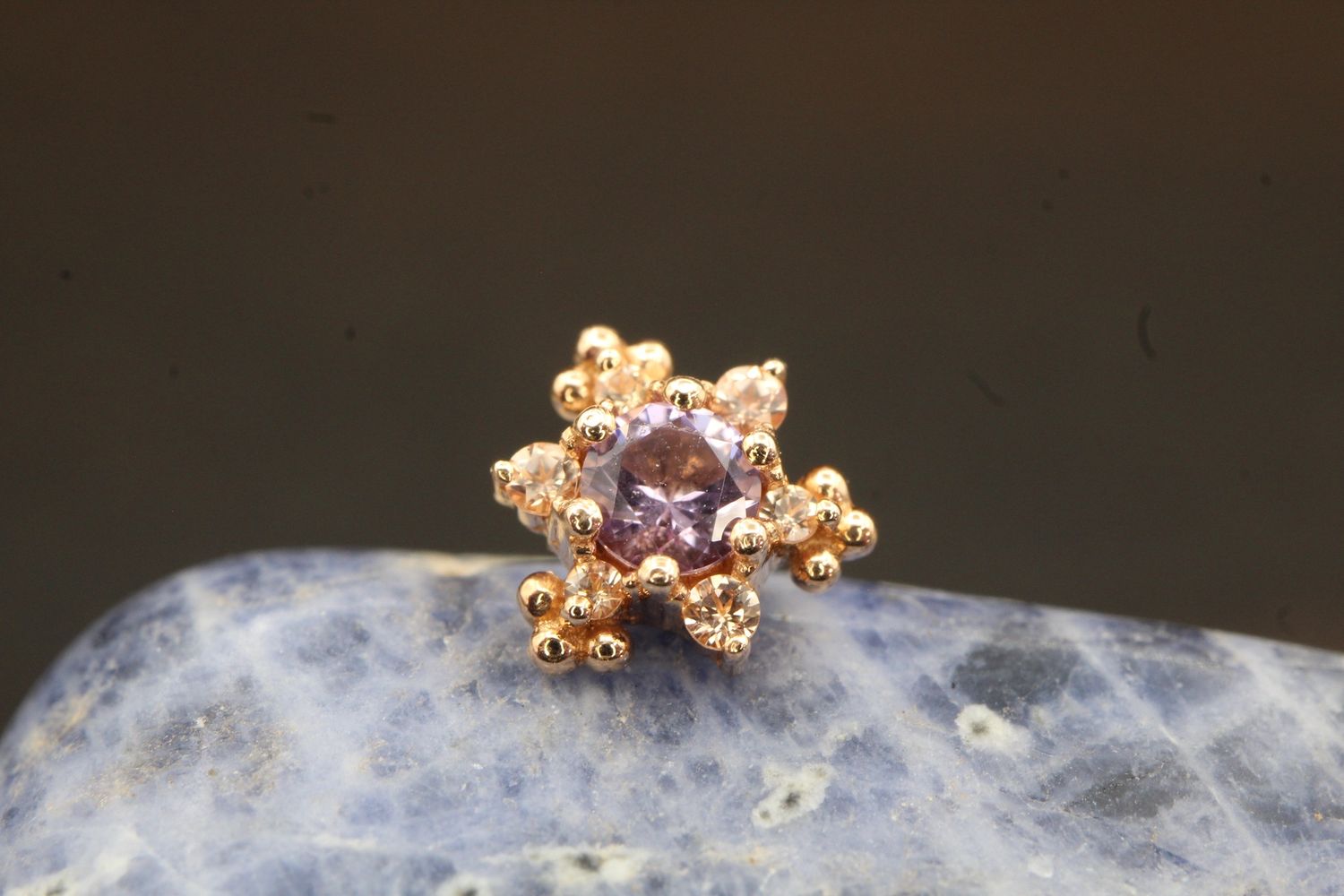 Threaded Rose Gold Bayle Top, Gauge: 18/16ga, Stone: Light Amethyst &amp; Chatham Champagne Sapphire