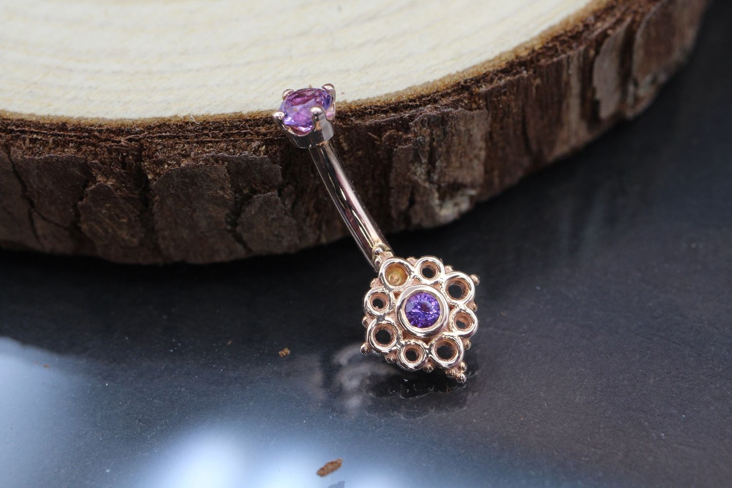 Rose Gold Angela Curved Barbell, Size: 14ga 1/4&#39;&#39;, Stone: Amethyst