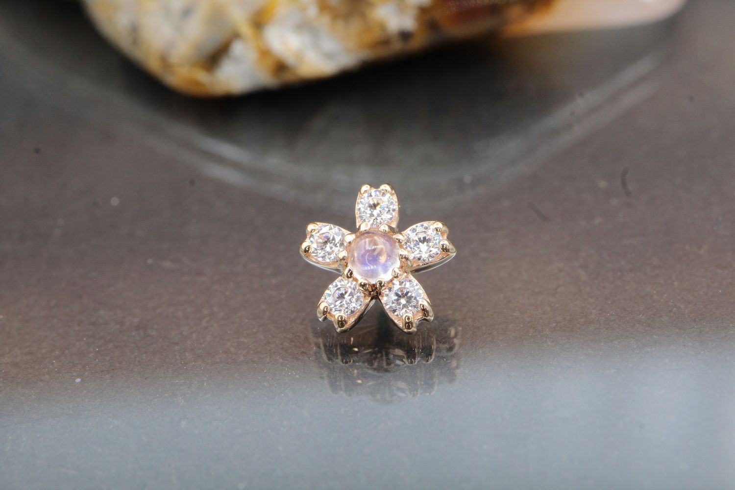 Threaded Rose Gold Cherry Blossom Top, Size: 6mm, Stone: Rainbow Moonstone &amp; White CZ