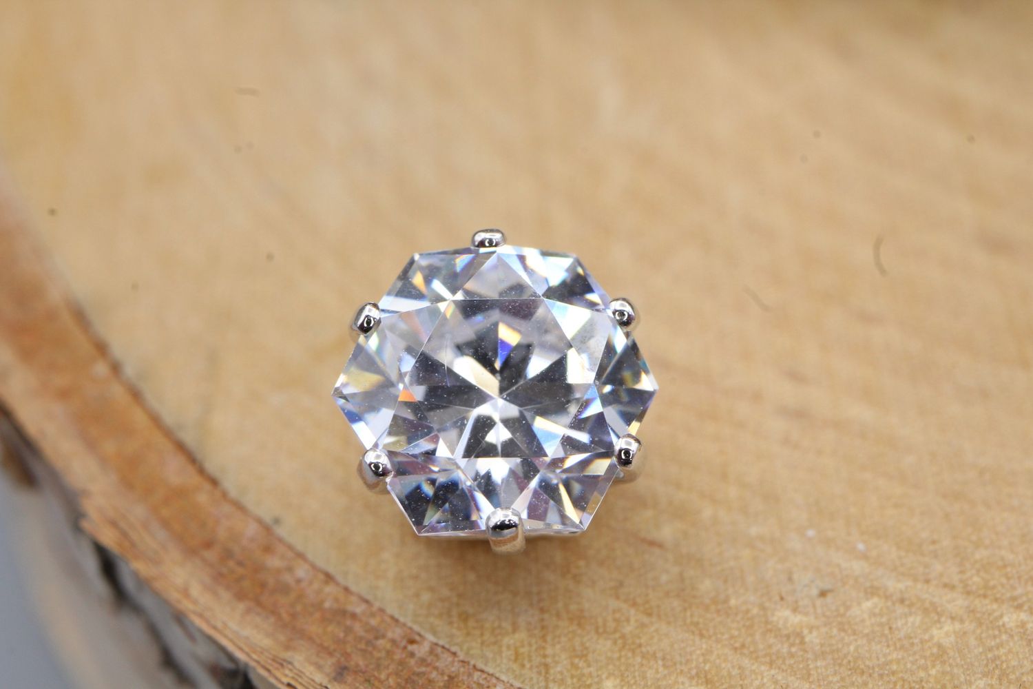 Threaded White Gold Hexagon Prong, Gauge: 14/12ga, Stone: White CZ
