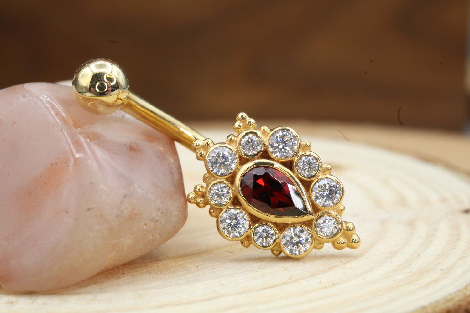 Yellow Gold Lucy Curved Barbell, Size: 14ga 5/16&#39;&#39;, Stone: Garnet &amp; White CZ