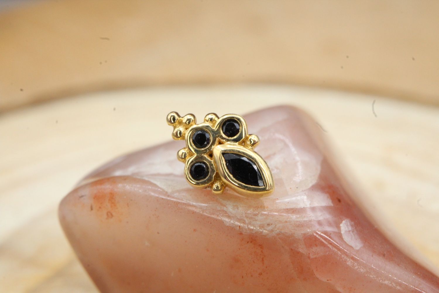 Threaded Yellow Gold Marquise Sarai, Gauge: 18/16ga, Stone: Black CZ