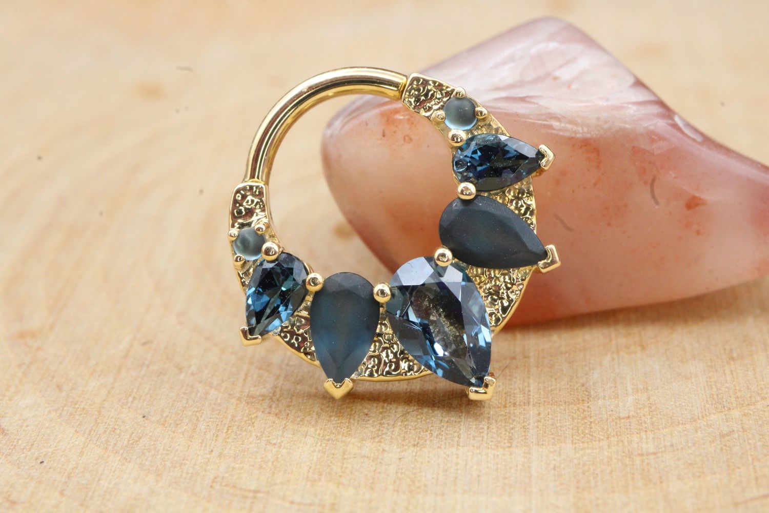Yellow Gold Penny Hinge Ring, Size: 16ga 5/16&#39;&#39;, Stone: London Blue Topaz