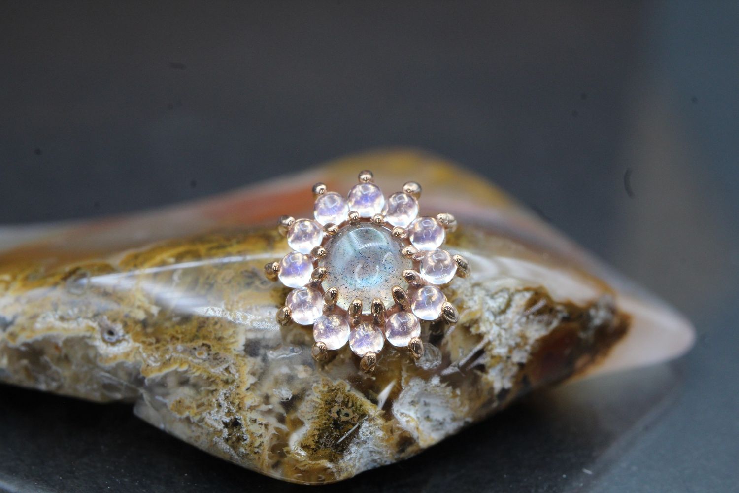 Threaded Rose Gold 8mm The Rose Top, Gauge: 18/16ga, Stone: Labradorite &amp; Rainbow Moonstone