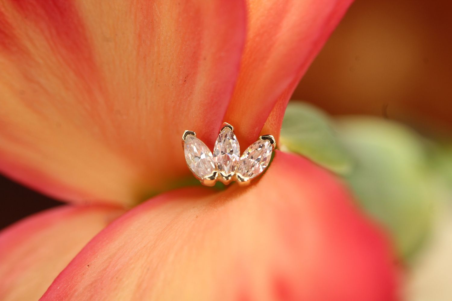 Threadless Yellow Gold Tiny Triple Marquise Fan, Stone: White CZ