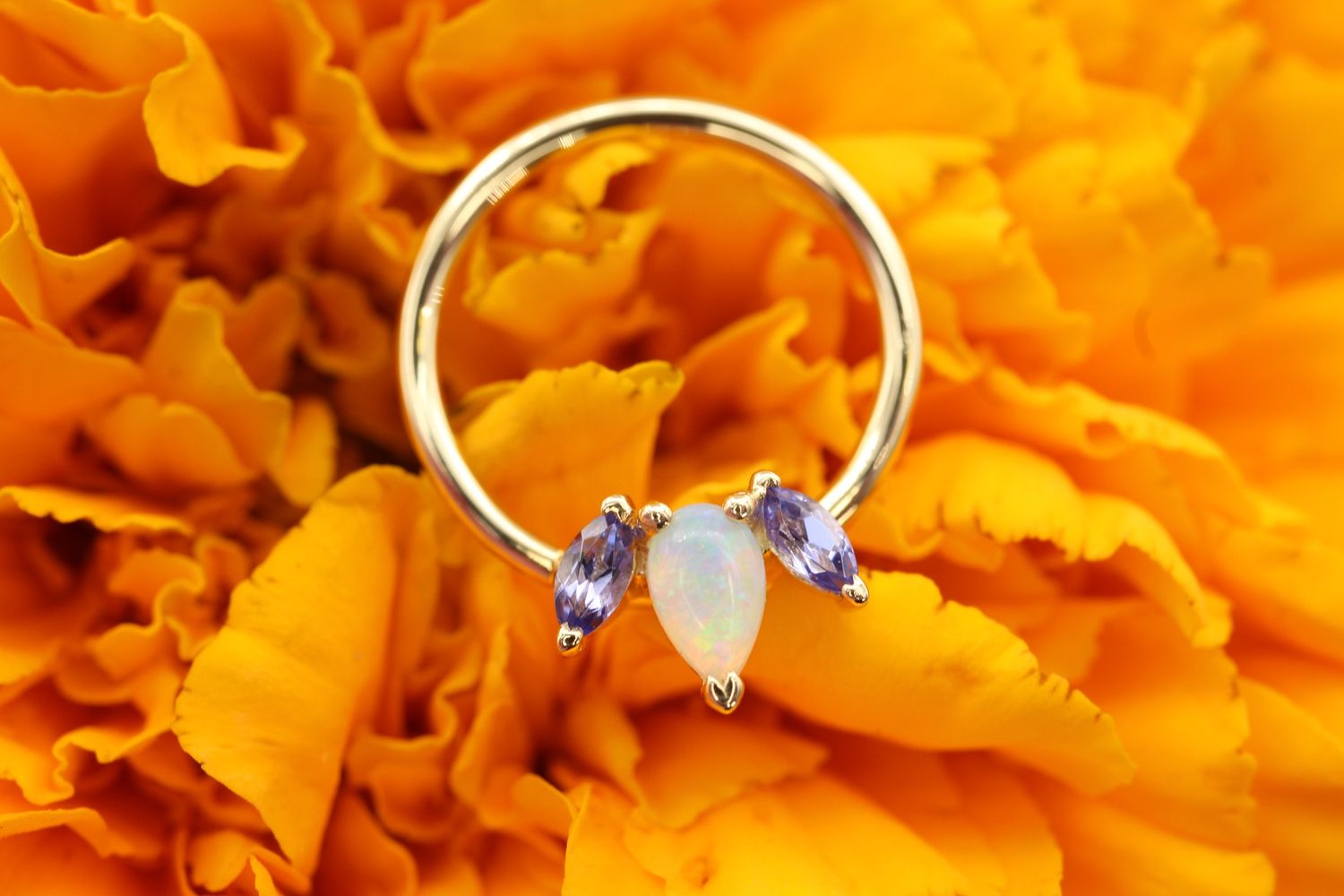 Yellow Gold Fixed Alana Seam Ring, Size: 18ga 3/8&#39;&#39;, Stone: AA Tanzanite &amp; AAA White Opal